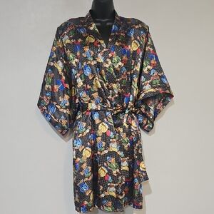 Pigalle | Women's Vibrant Multicolor Bears Polk Dots Kimono Loungewear Robe M
